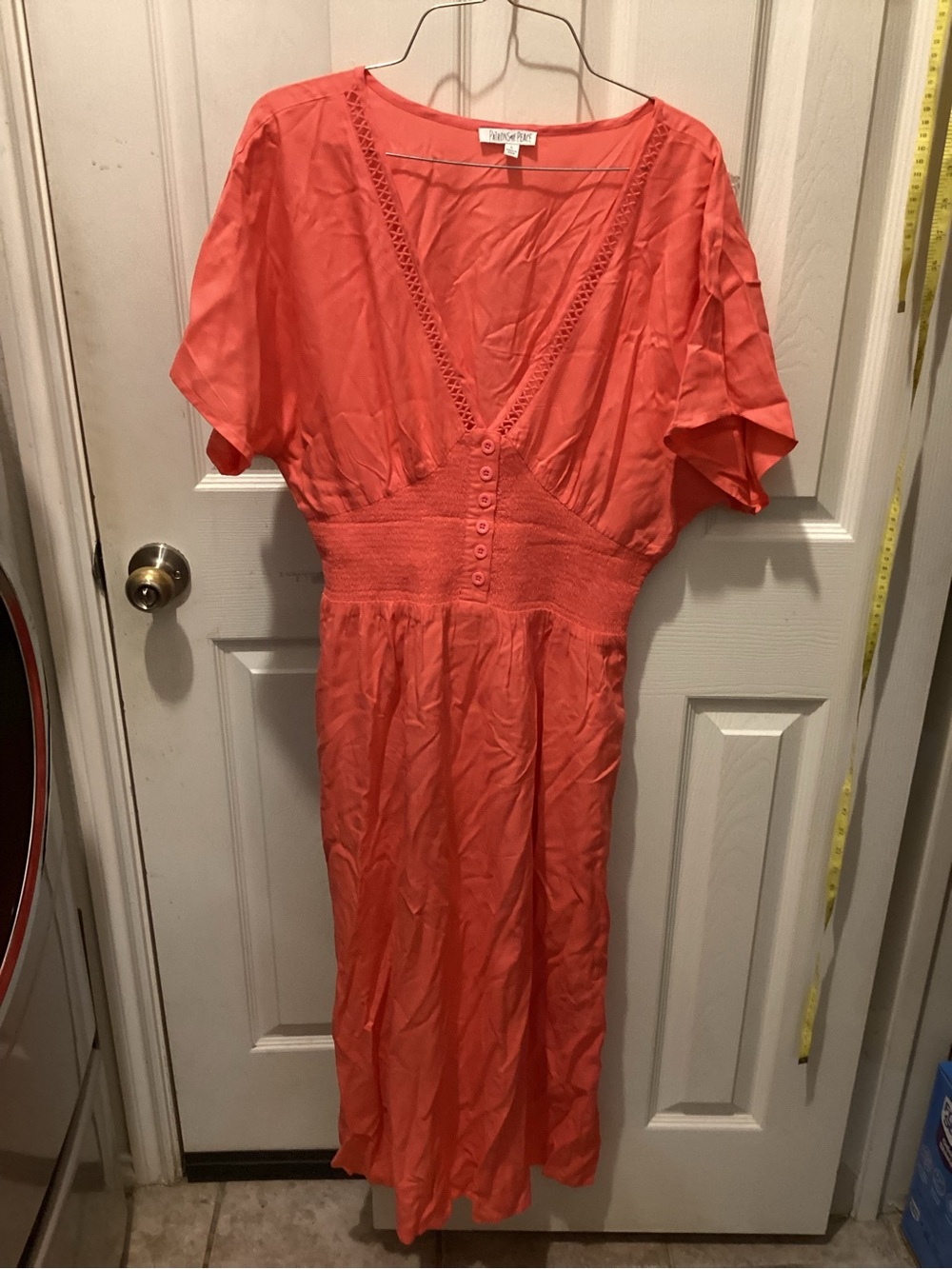 Patrons of Peace Coral V-Neck Midi Dress with Smocked Waist